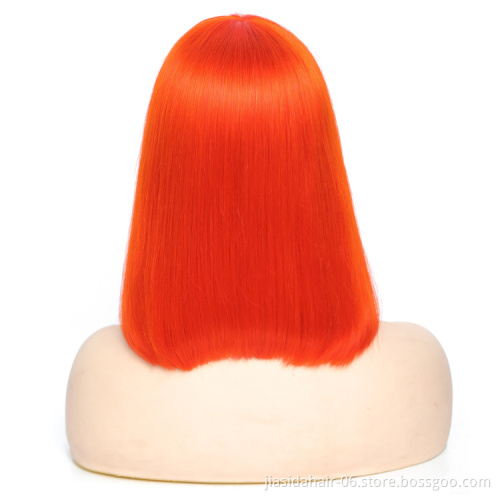 Silky Straight machine made wig Orange hair vendors brazilian human hair lace wig short bob with bang for black women